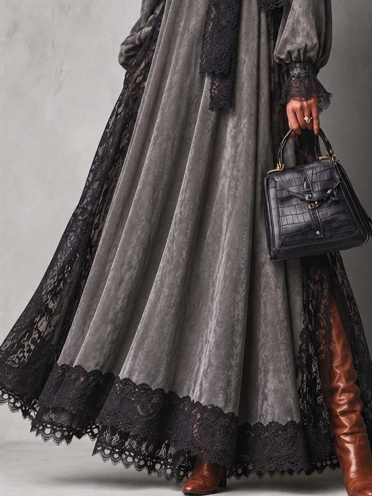 Slate Gray Faux Suede Maxi Dress With Black Lace And Neck Bow