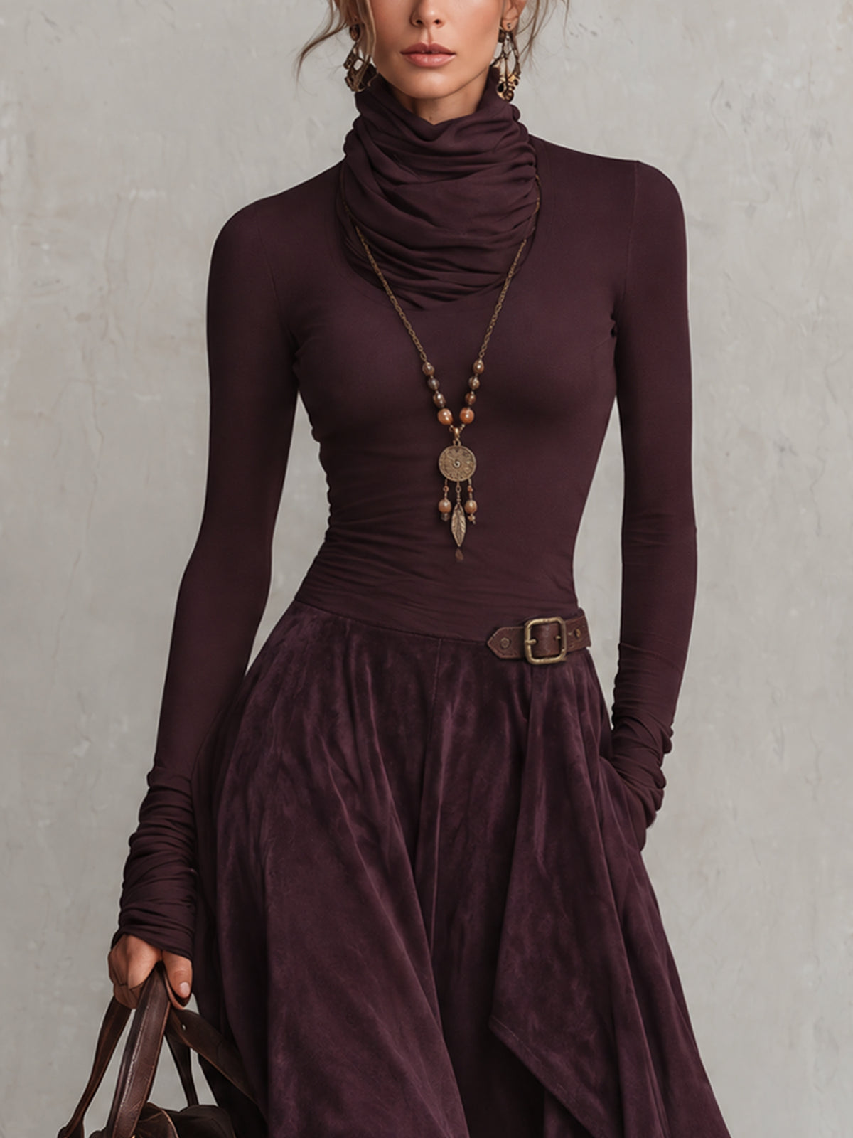 Deep Purple Stretch Turtleneck Faux Suede Patchwork Handkerchief Hem Midi Dress