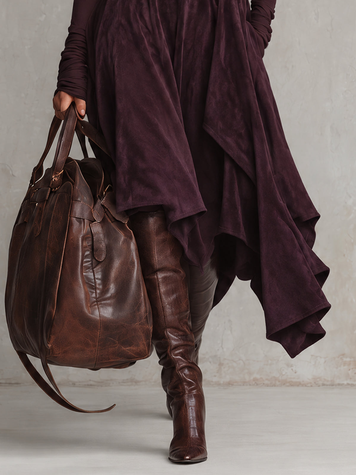 Deep Purple Stretch Turtleneck Faux Suede Patchwork Handkerchief Hem Midi Dress