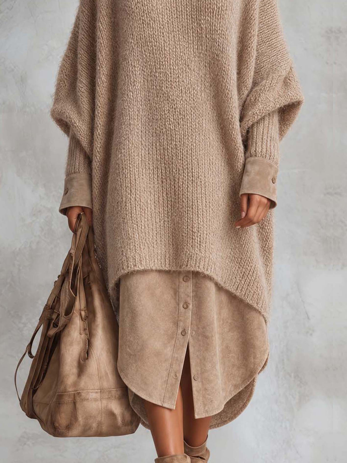 Camel Oversized Mohair Knit Poncho Midi Dress With Faux Suede Button-Front Skirt Panel