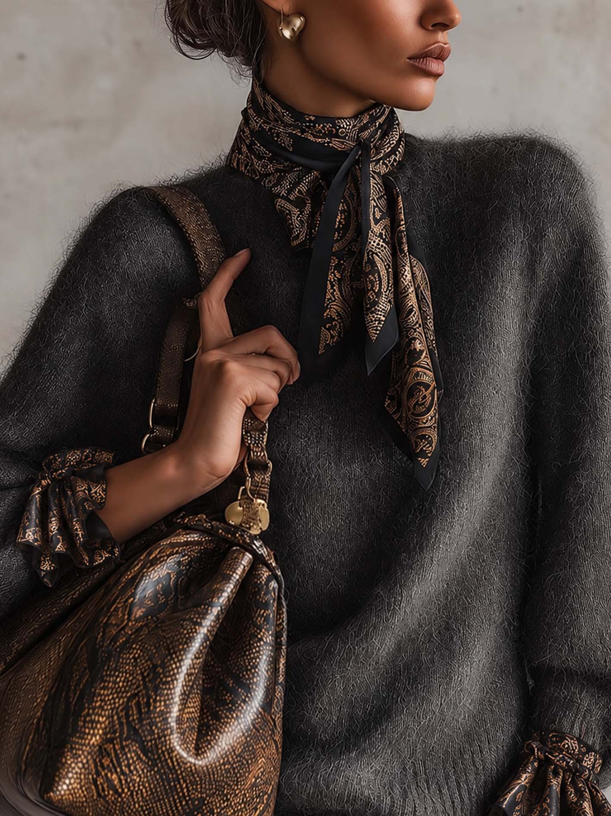 Charcoal Mohair Sweater With Paisley Satin Scarf Neck And Ruffled Cuffs