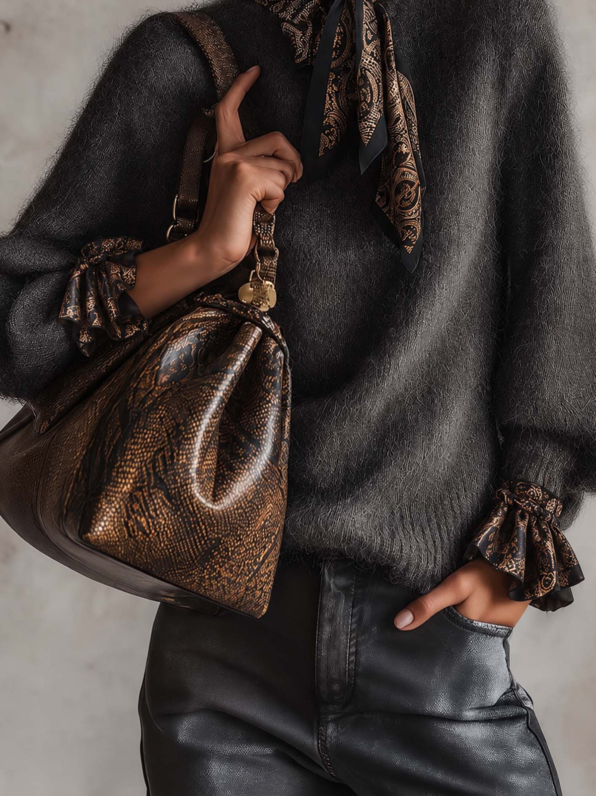Charcoal Mohair Sweater With Paisley Satin Scarf Neck And Ruffled Cuffs