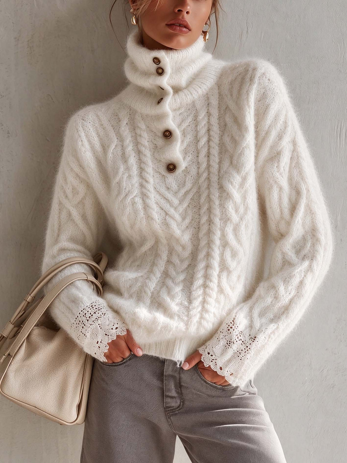 Ivory Mohair Cable Knit Turtleneck Sweater With Buttons And Crochet Lace Cuffs