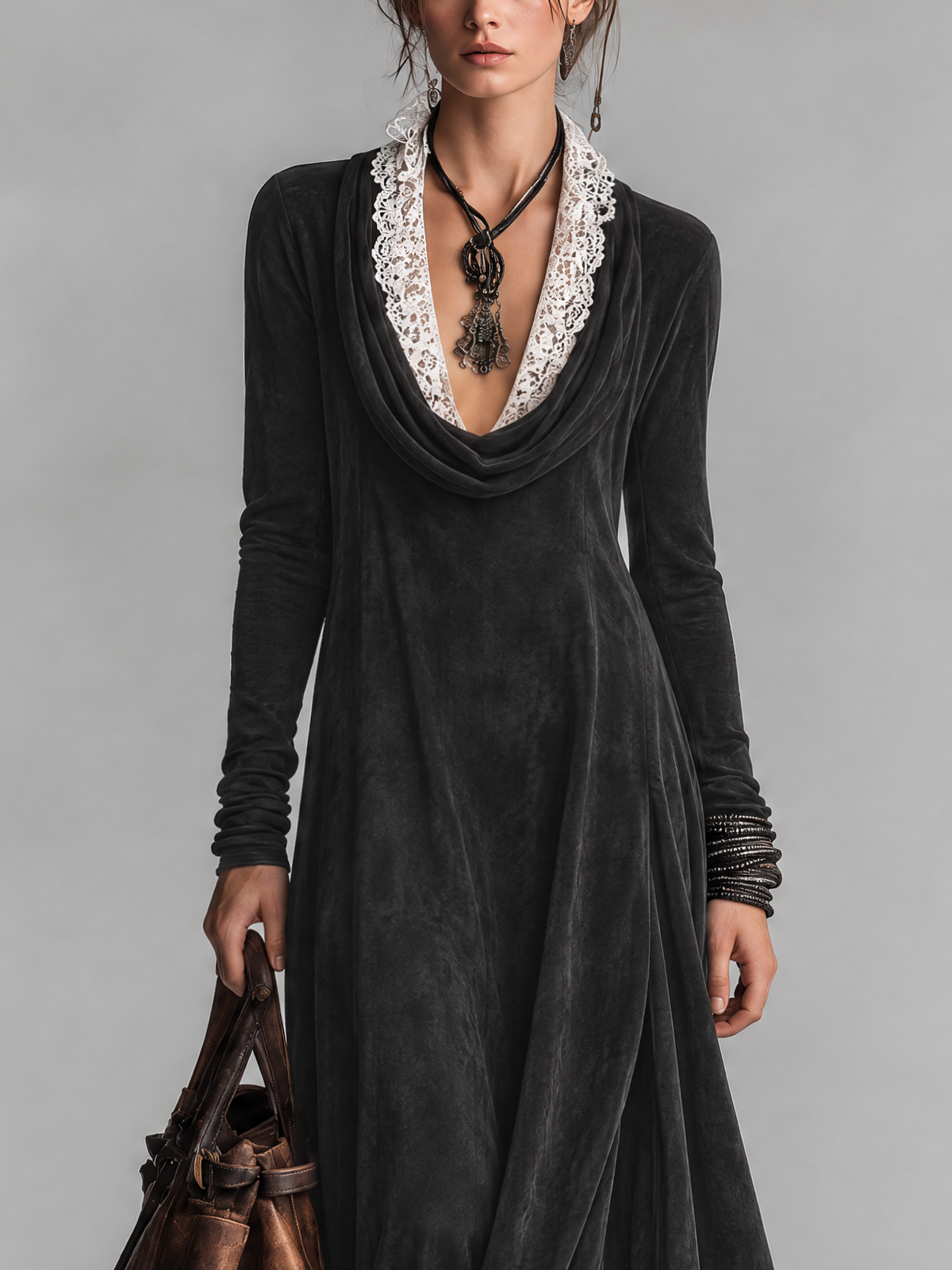 Black Washed Faux Suede Cowl Neck Maxi Dress With Lace Collar