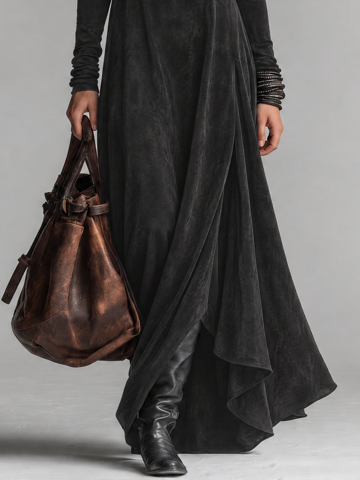 Black Washed Faux Suede Cowl Neck Maxi Dress With Lace Collar