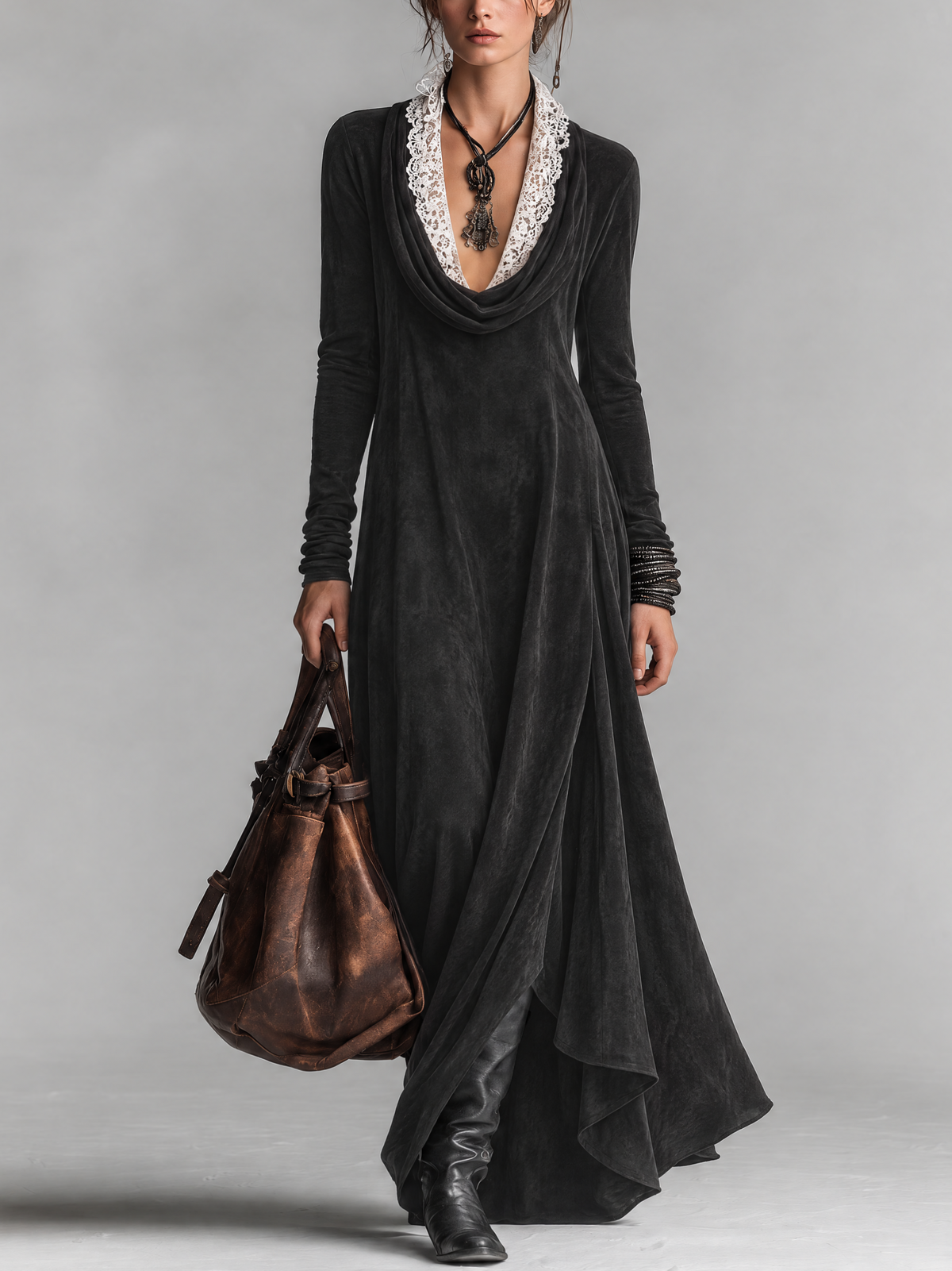 Black Washed Faux Suede Cowl Neck Maxi Dress With Lace Collar