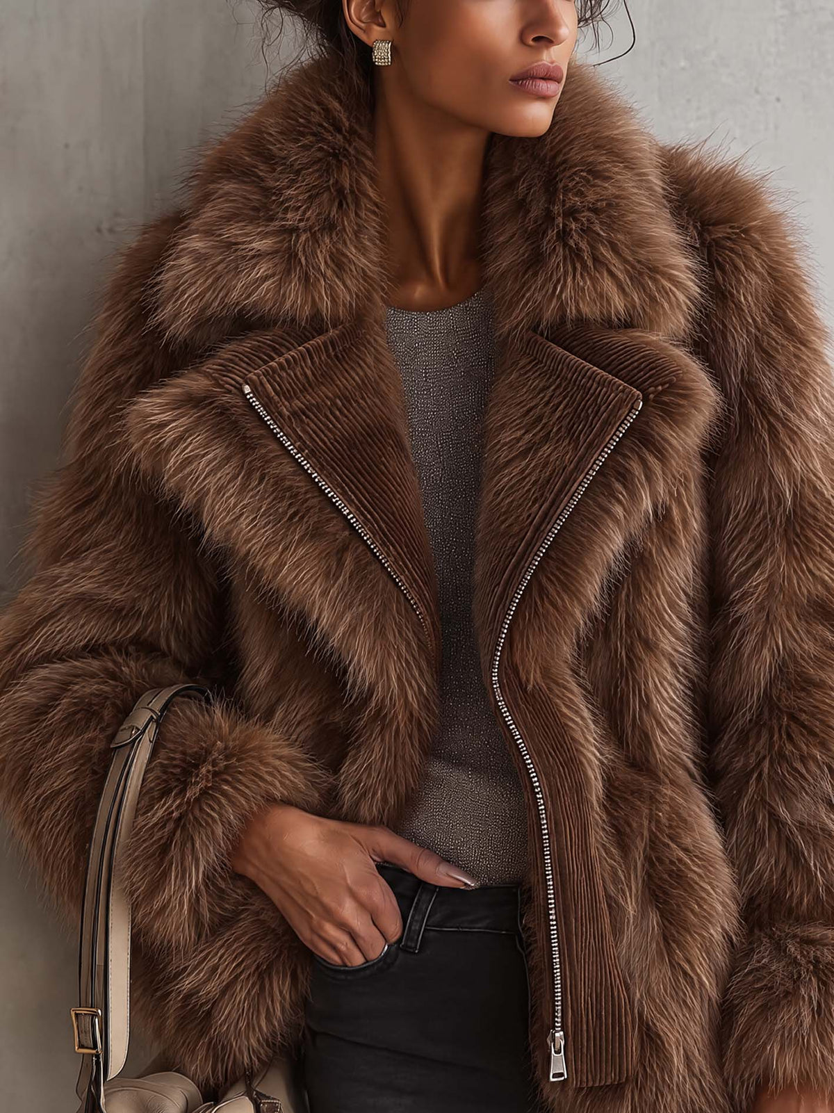 Cognac Brown Faux Fox Fur Moto Jacket With Corduroy Trim And Front Zip