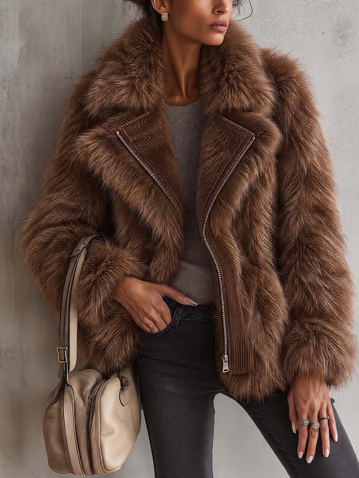 Cognac Brown Faux Fox Fur Moto Jacket With Corduroy Trim And Front Zip