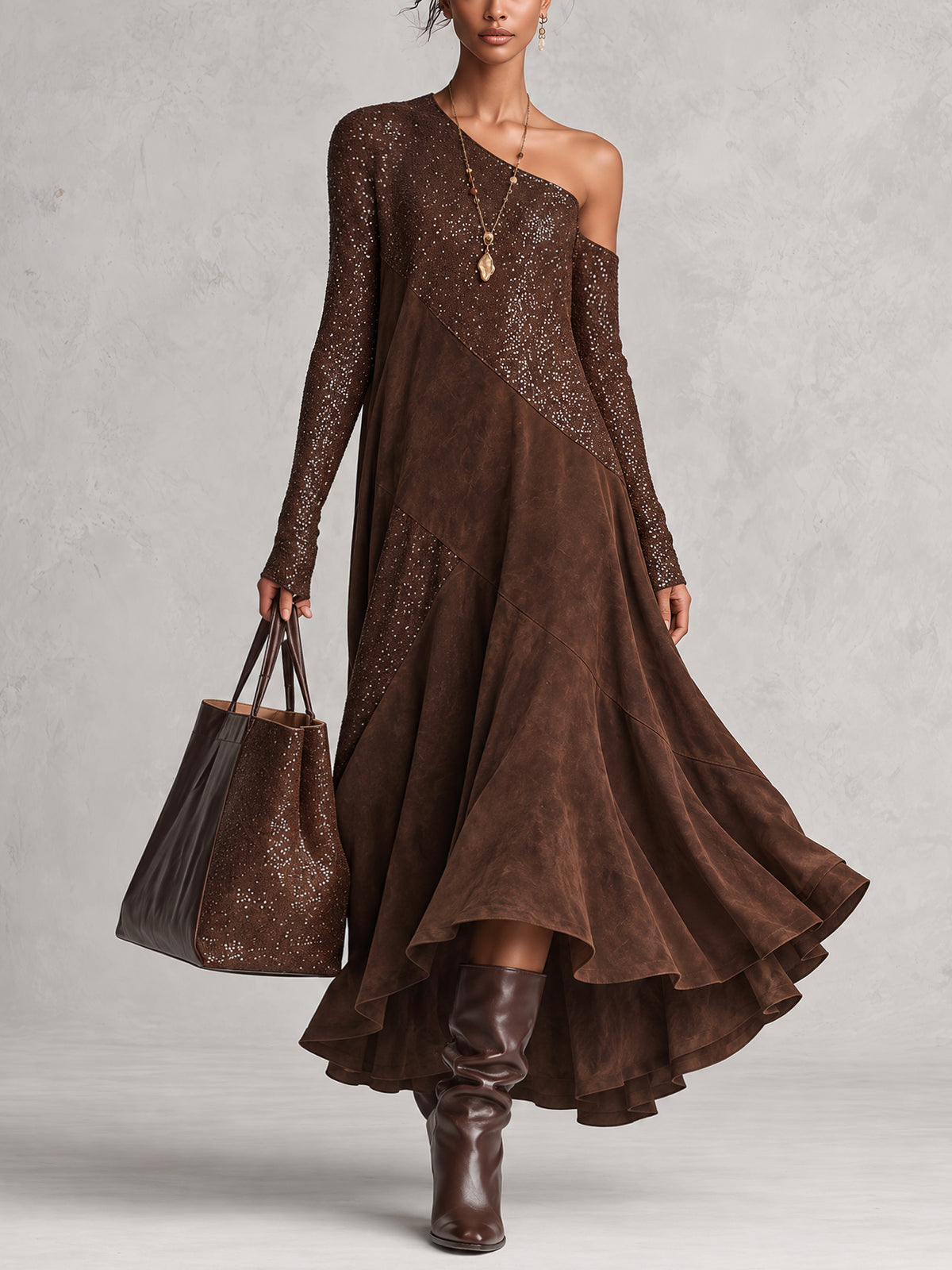Brown Sequin Patchwork Faux Suede One Shoulder Maxi Dress