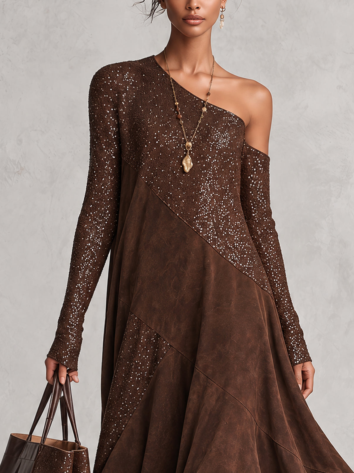 Brown Sequin Patchwork Faux Suede One Shoulder Maxi Dress