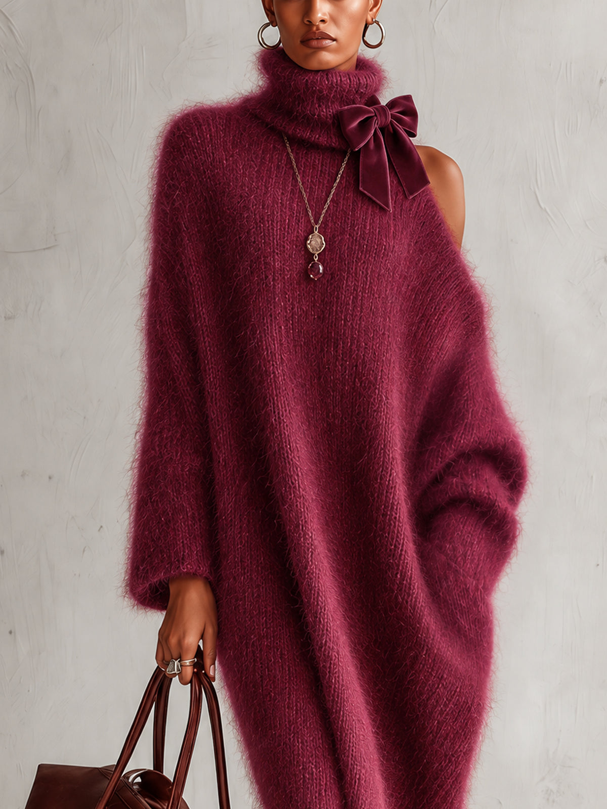 Red Mohair Knit Turtleneck Cold-Shoulder Bow Oversized Maxi Dress
