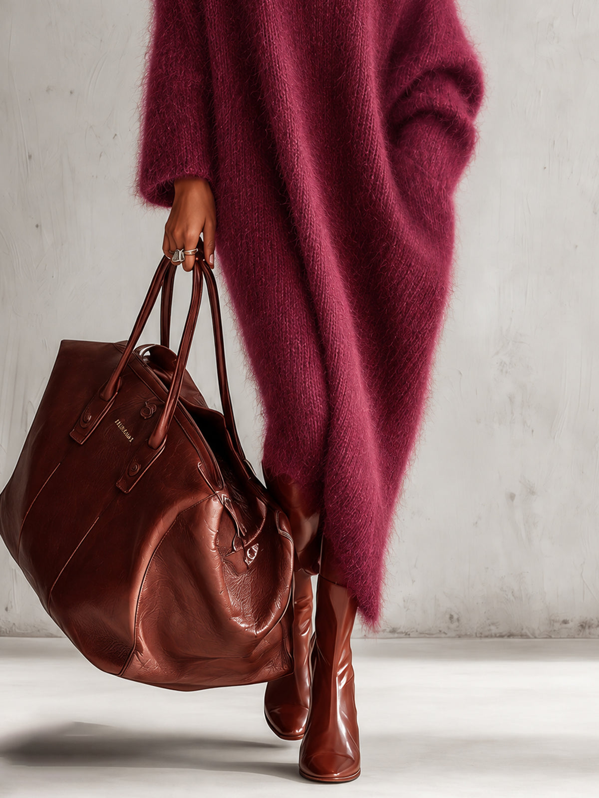 Red Mohair Knit Turtleneck Cold-Shoulder Bow Oversized Maxi Dress