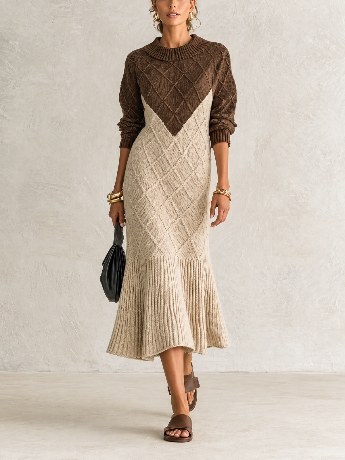 Chocolate And Oat Color Block Diamond Cable Knit Midi Dress