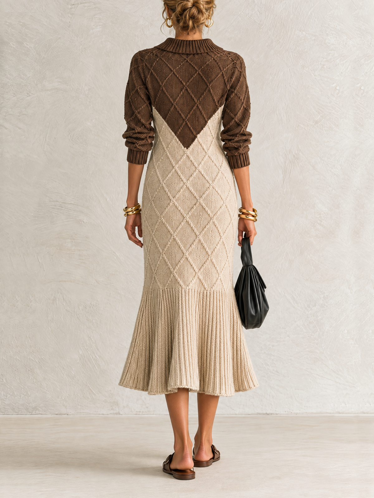 Chocolate And Oat Color Block Diamond Cable Knit Midi Dress