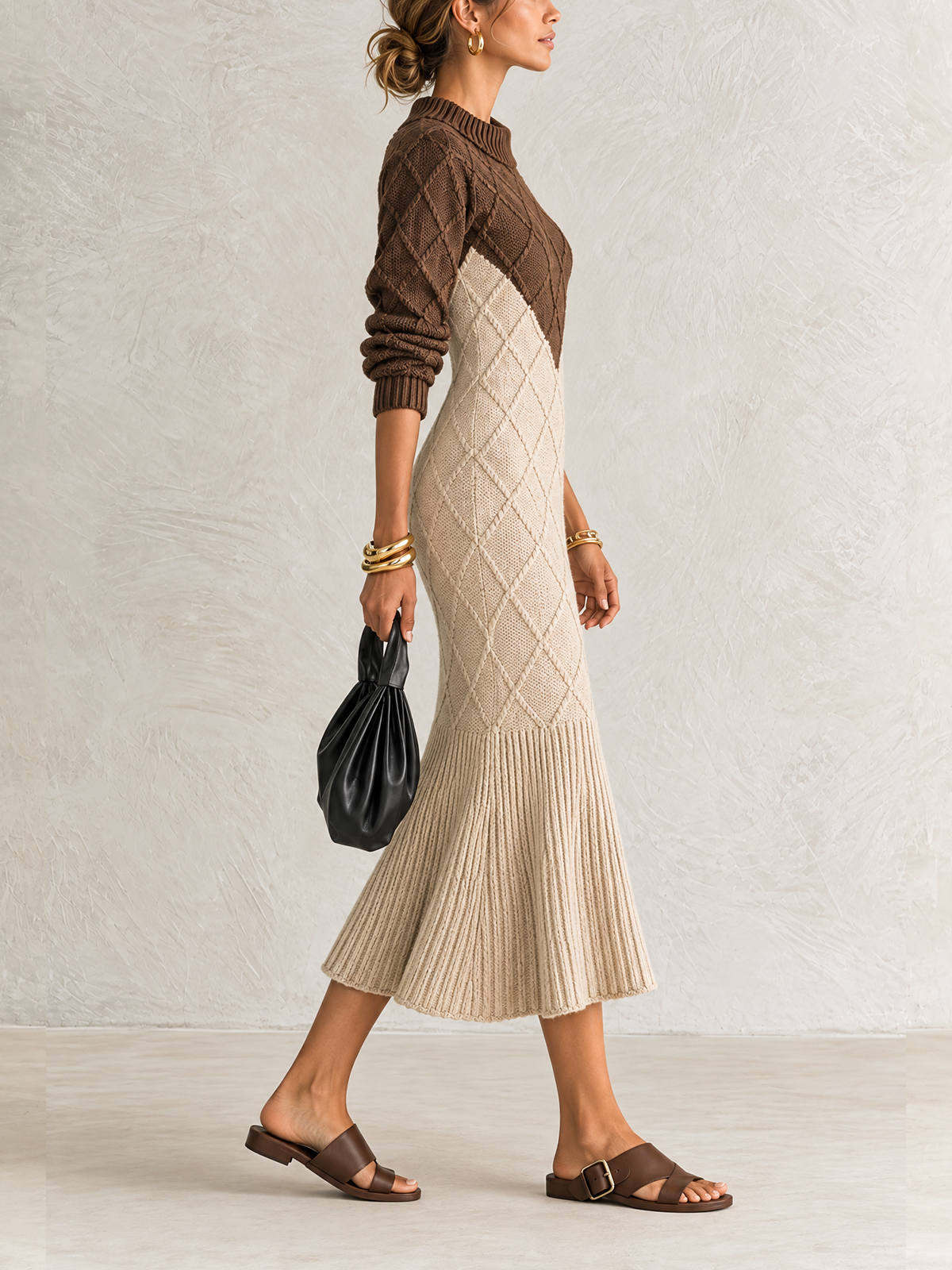 Chocolate And Oat Color Block Diamond Cable Knit Midi Dress