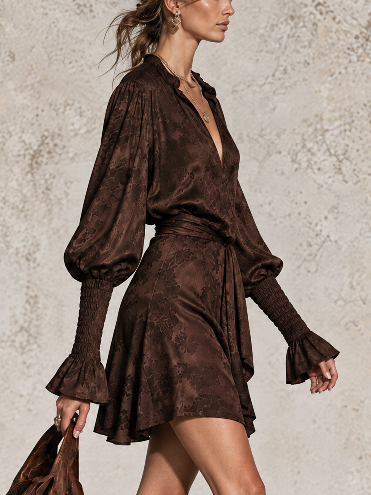 Chocolate Brown Jacquard Ruffled V-Neck Balloon Sleeve Mini Dress