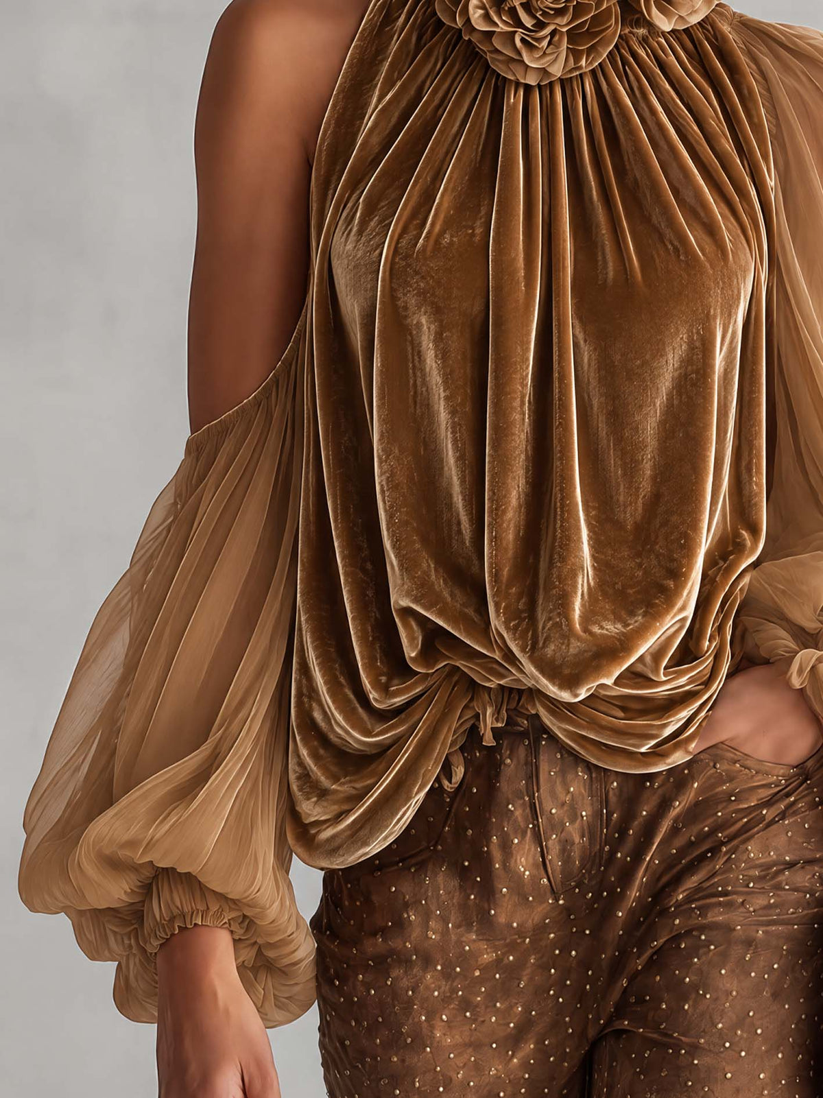 Golden Camel Velvet Halter Blouse With 3D Floral Collar And Sheer Chiffon Sleeves