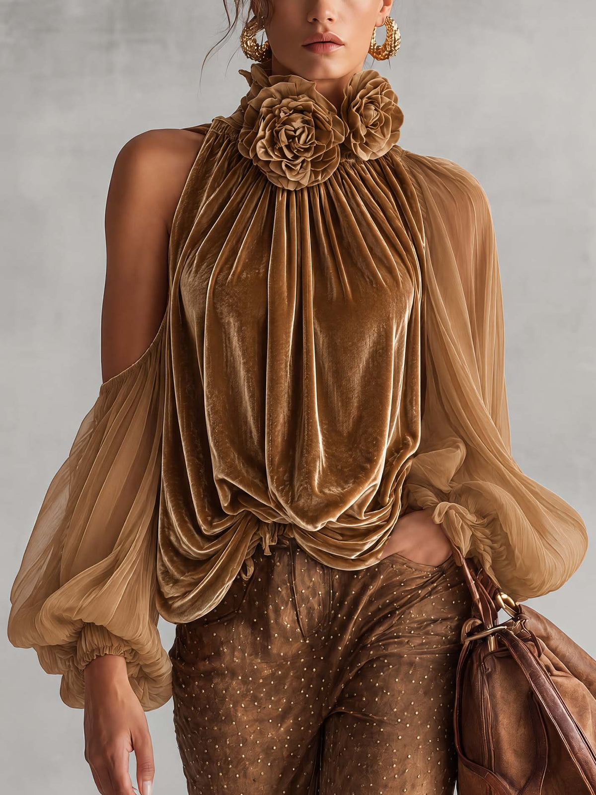 Golden Camel Velvet Halter Blouse With 3D Floral Collar And Sheer Chiffon Sleeves