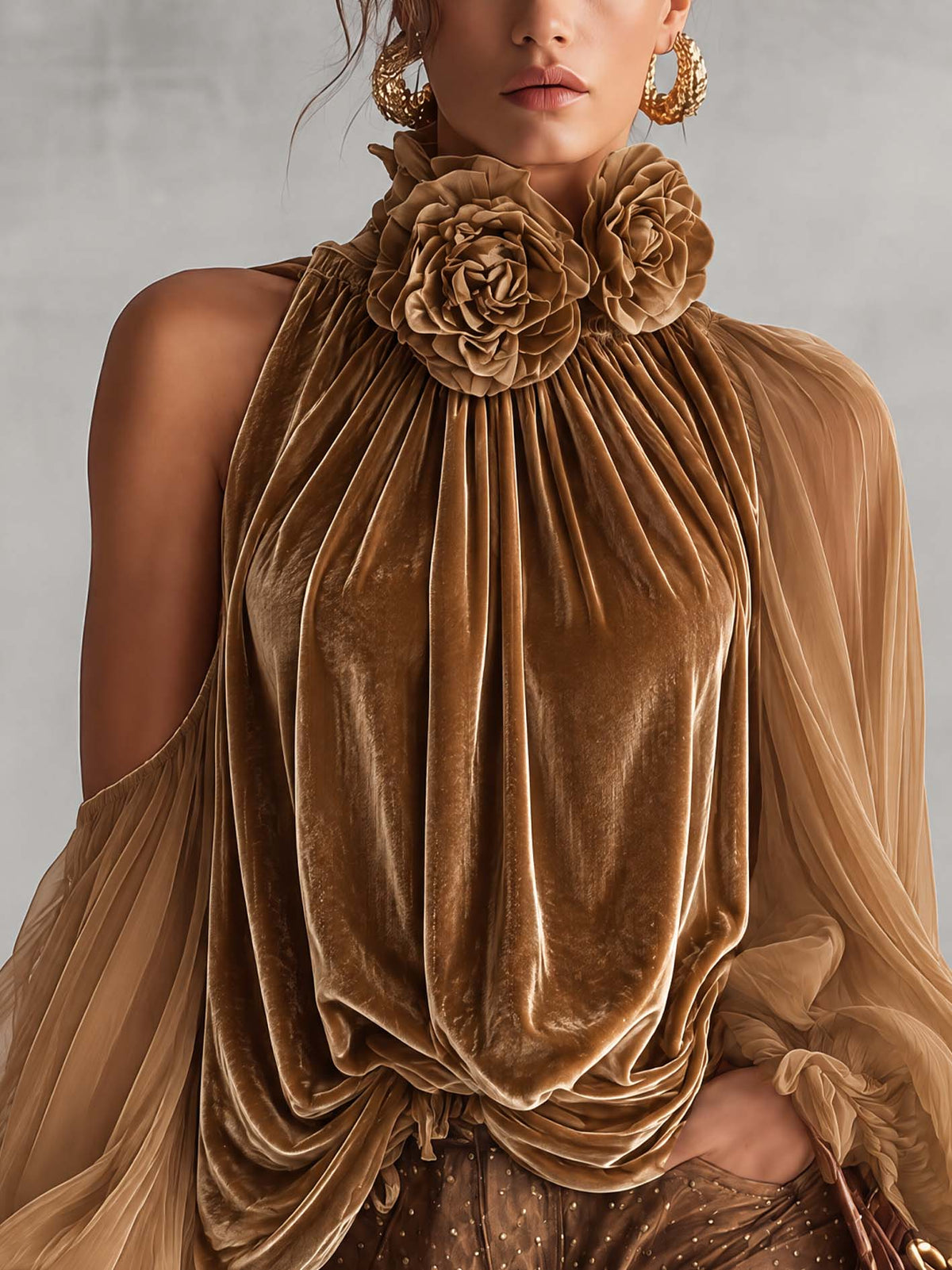 Golden Camel Velvet Halter Blouse With 3D Floral Collar And Sheer Chiffon Sleeves