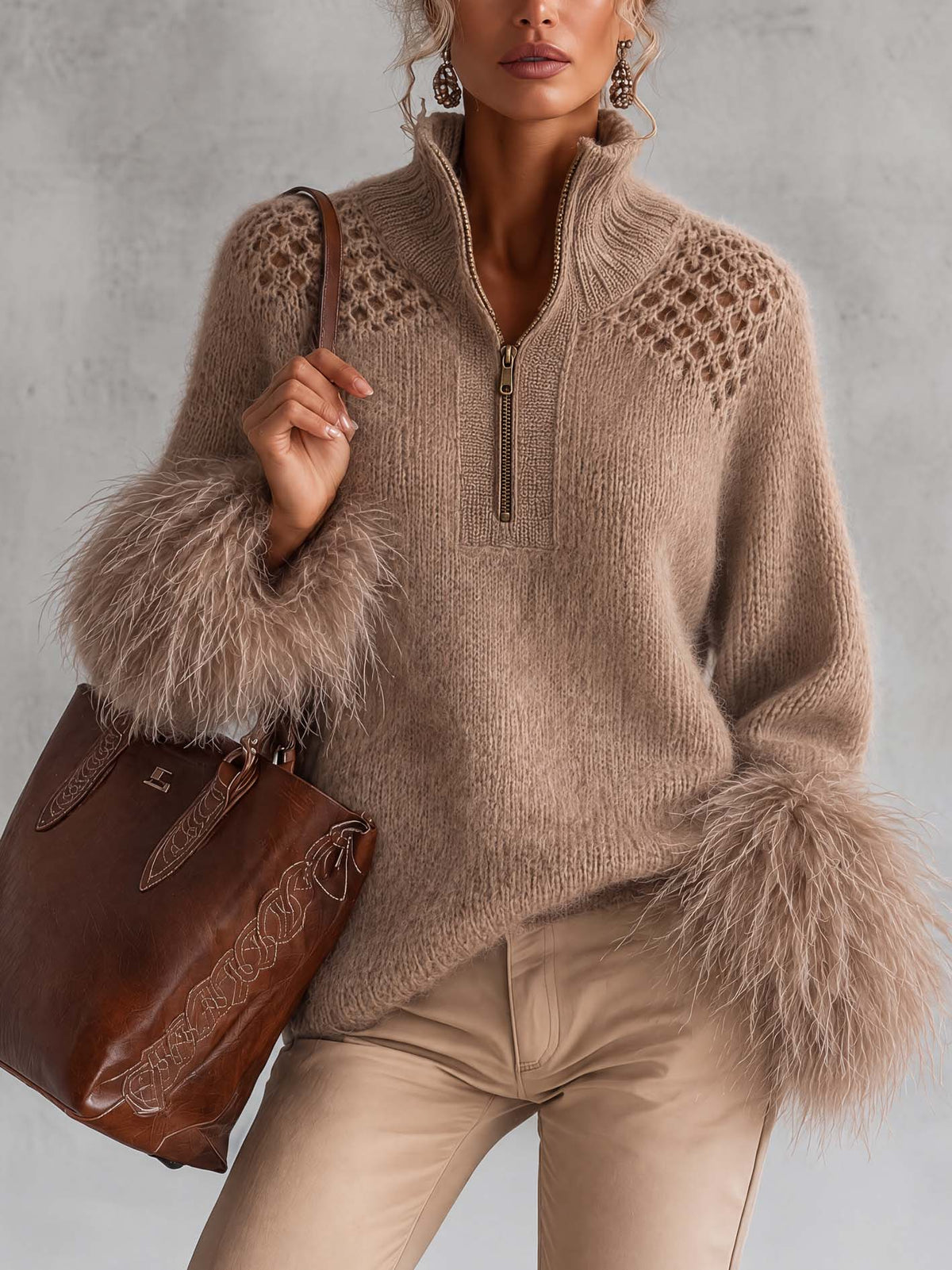 Taupe Mohair Blend Half-Zip Sweater With Faux Feather Trim Cuffs