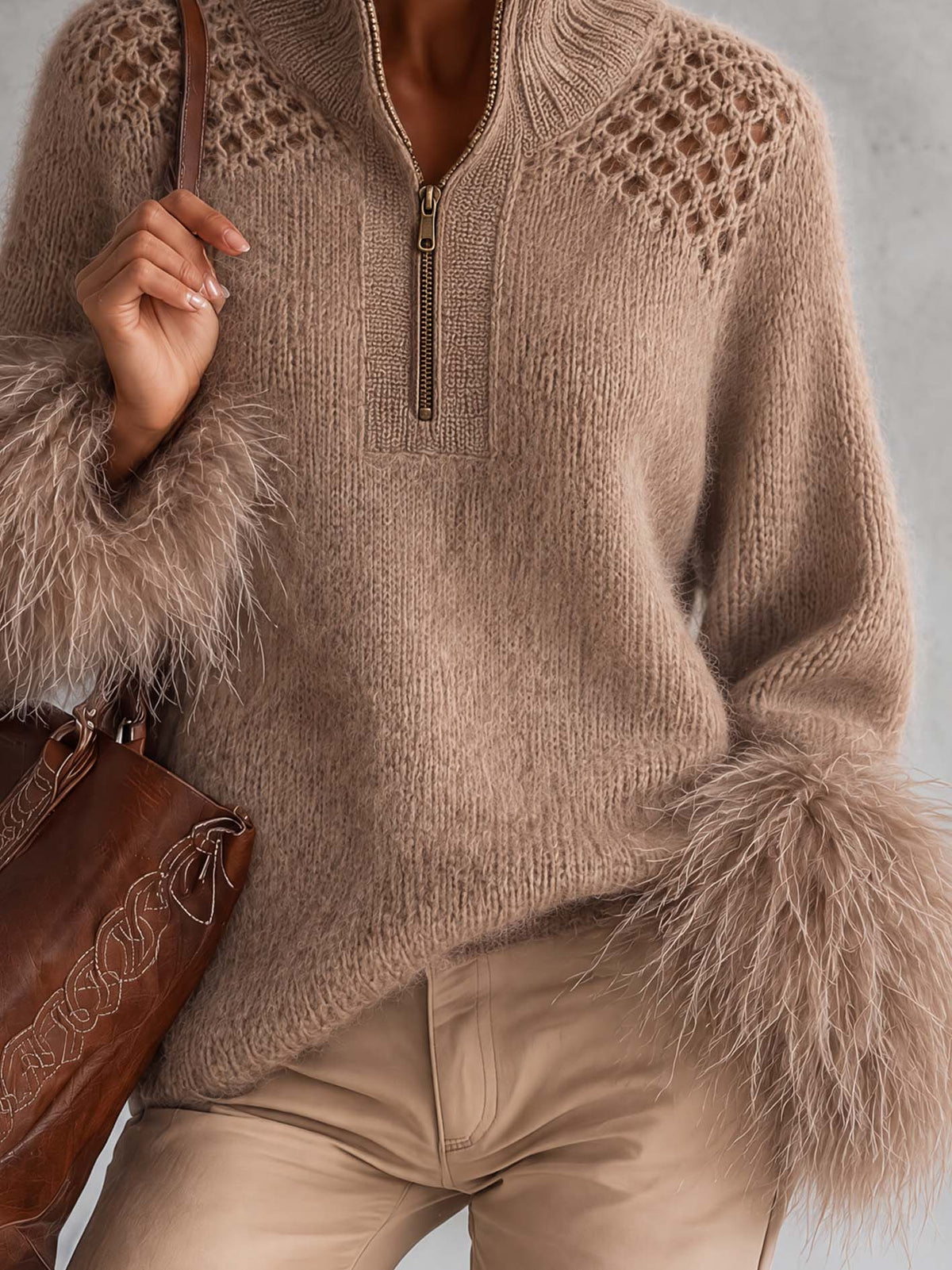 Taupe Mohair Blend Half-Zip Sweater With Faux Feather Trim Cuffs