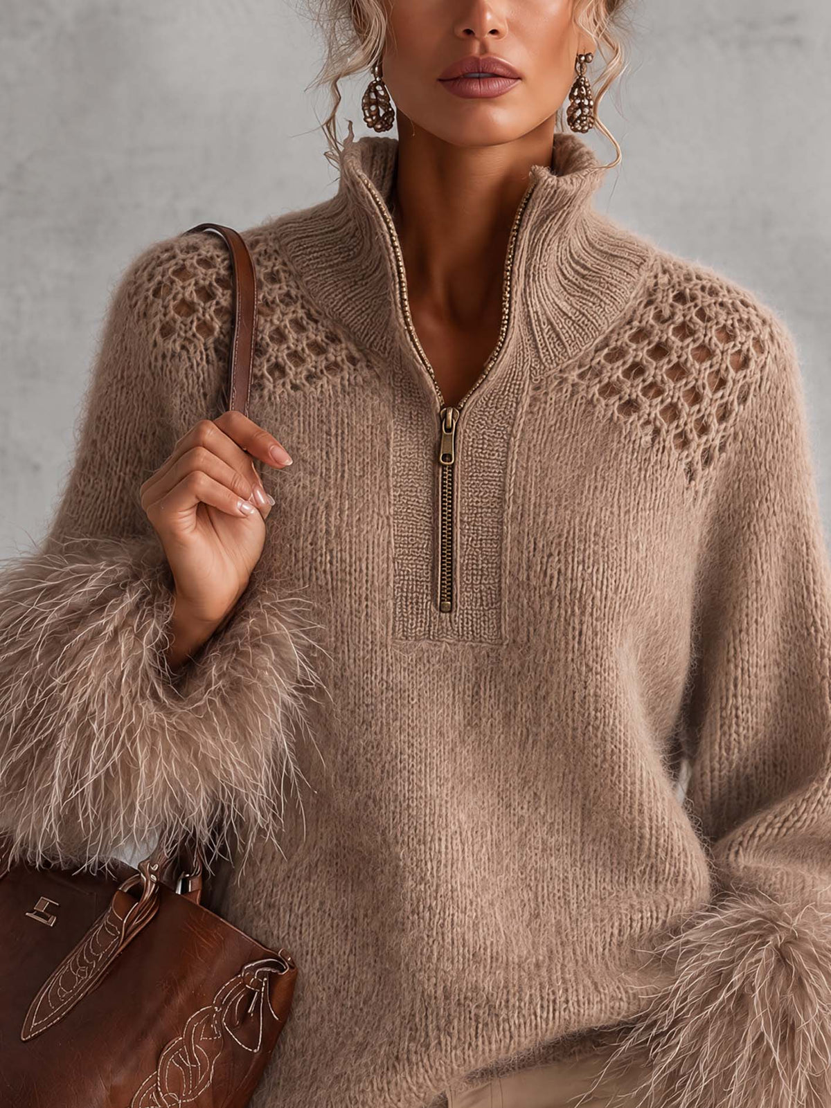 Taupe Mohair Blend Half-Zip Sweater With Faux Feather Trim Cuffs