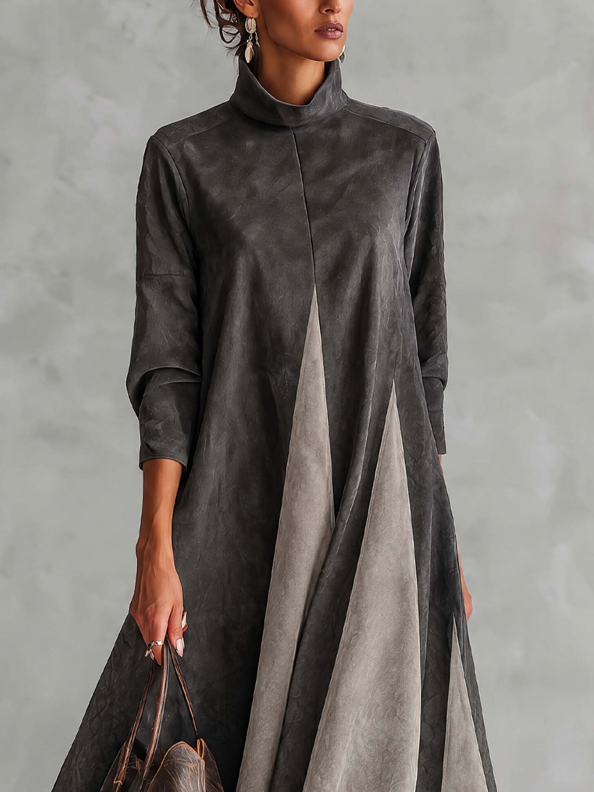 Dark Gray Faux Suede Maxi Dress With Contrast Panel And Asymmetric Front Seam