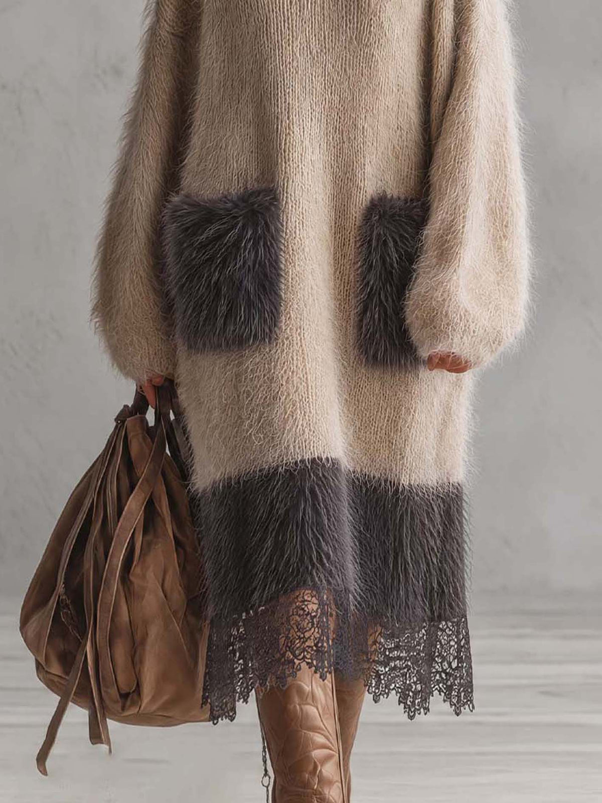 Oatmeal Beige Color Block Mohair Knit Midi Dress With Faux Fur Pockets And Lace Hem