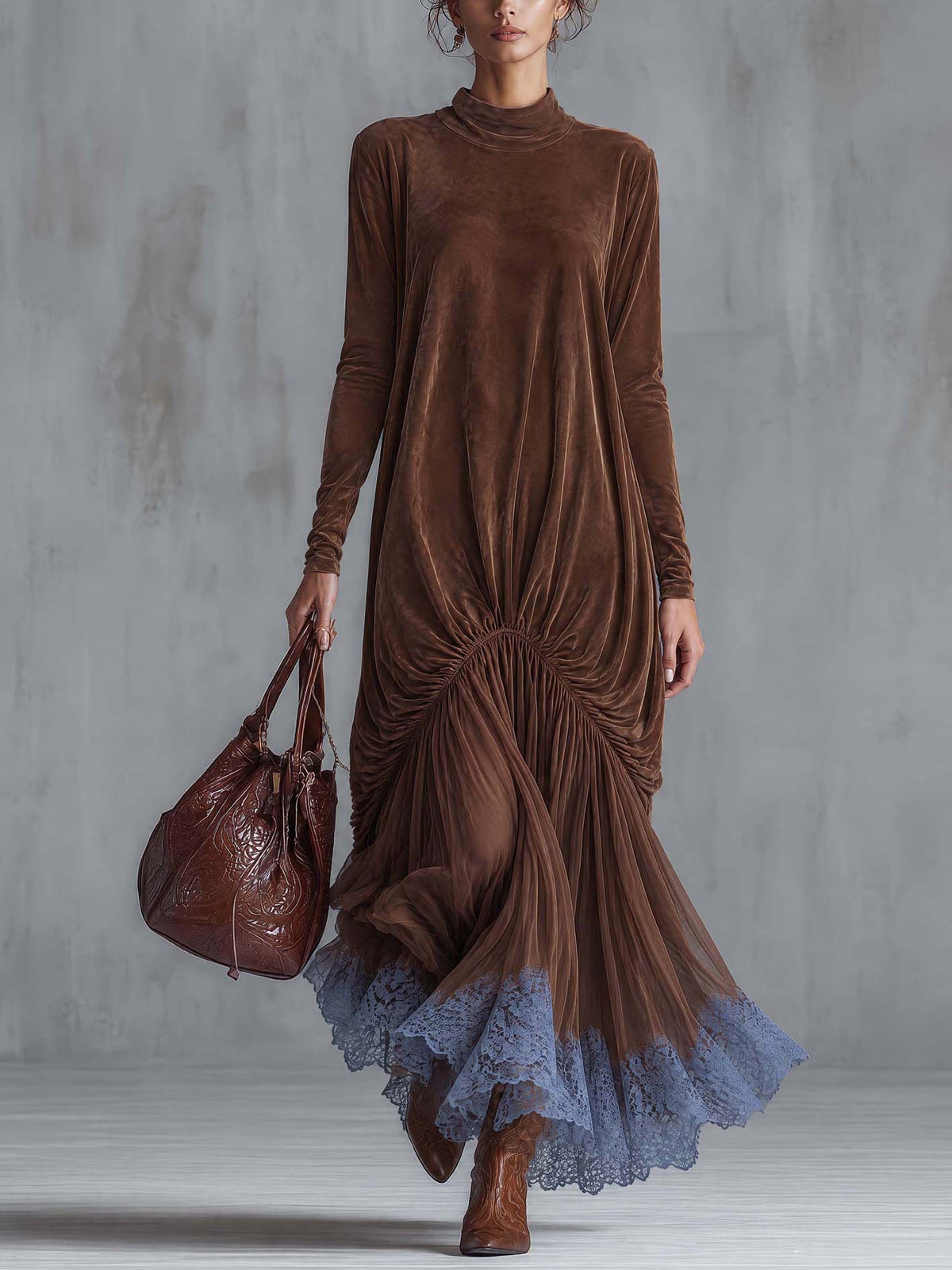 Chocolate Brown Faux Suede Maxi Dress With Sheer Chiffon Skirt And Blue Lace Hem