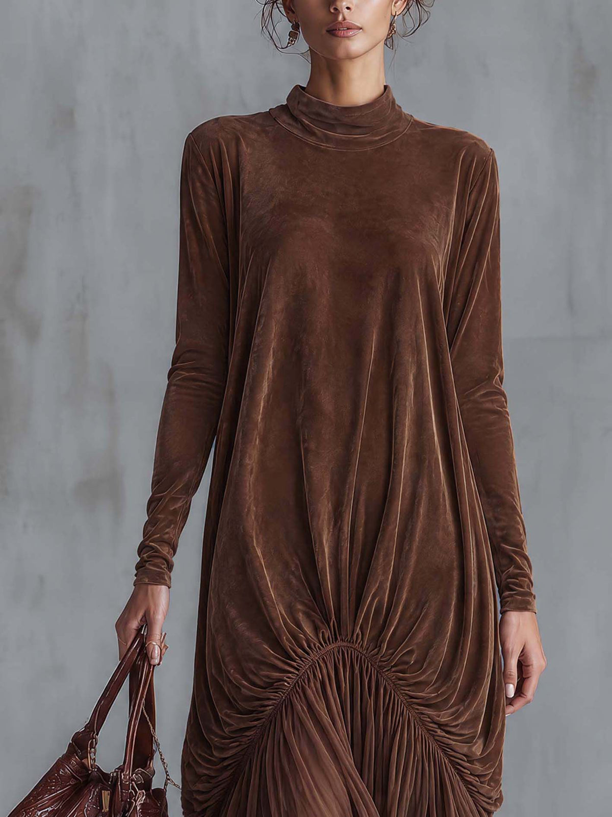 Chocolate Brown Faux Suede Maxi Dress With Sheer Chiffon Skirt And Blue Lace Hem