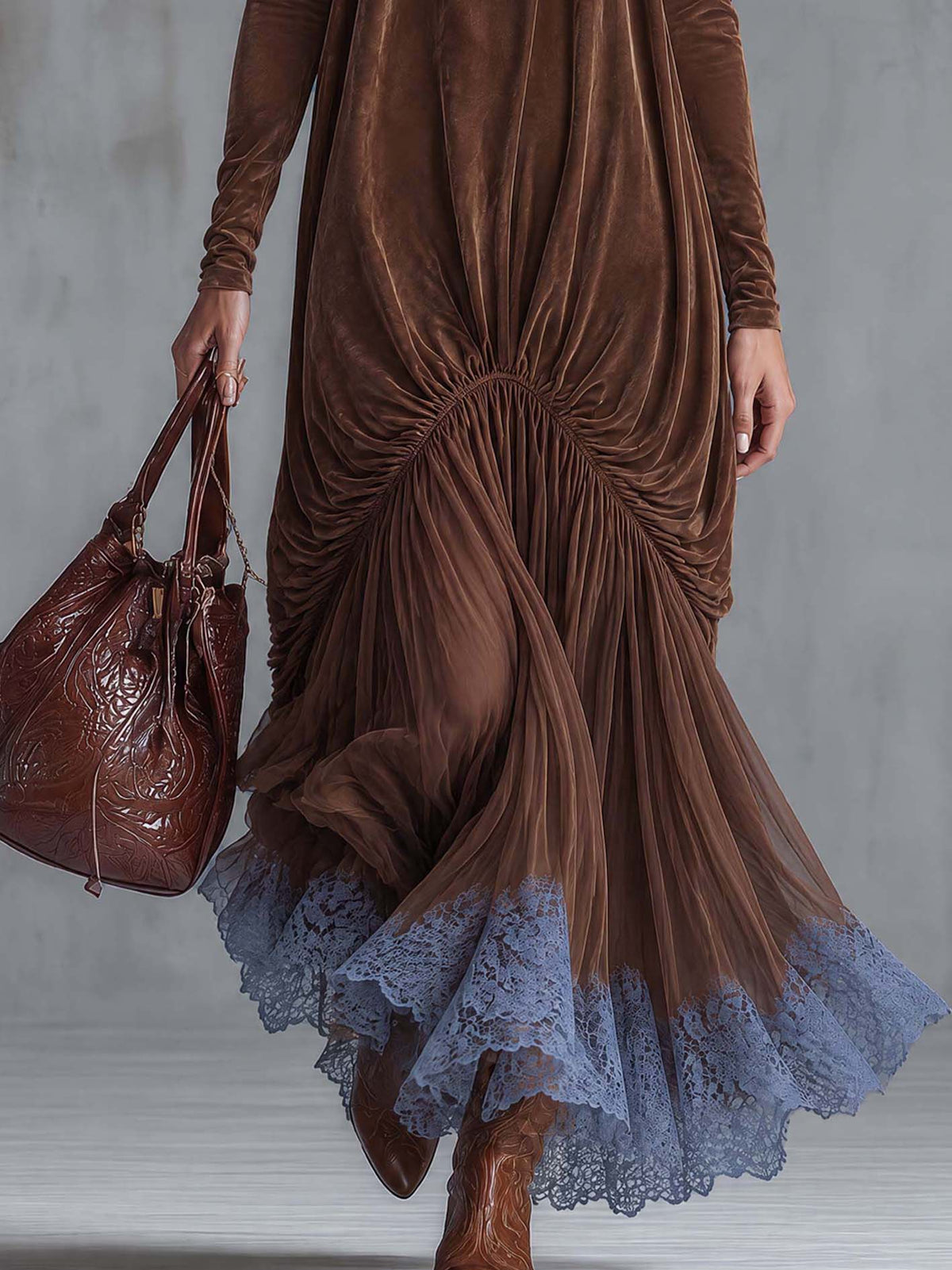 Chocolate Brown Faux Suede Maxi Dress With Sheer Chiffon Skirt And Blue Lace Hem