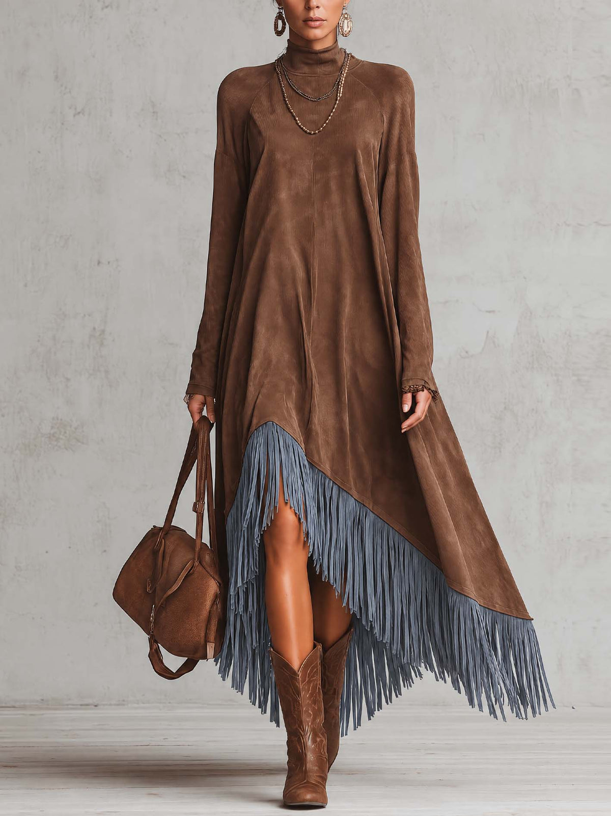 Chocolate Brown Faux Suede Maxi Dress With Asymmetric Fringe Hem