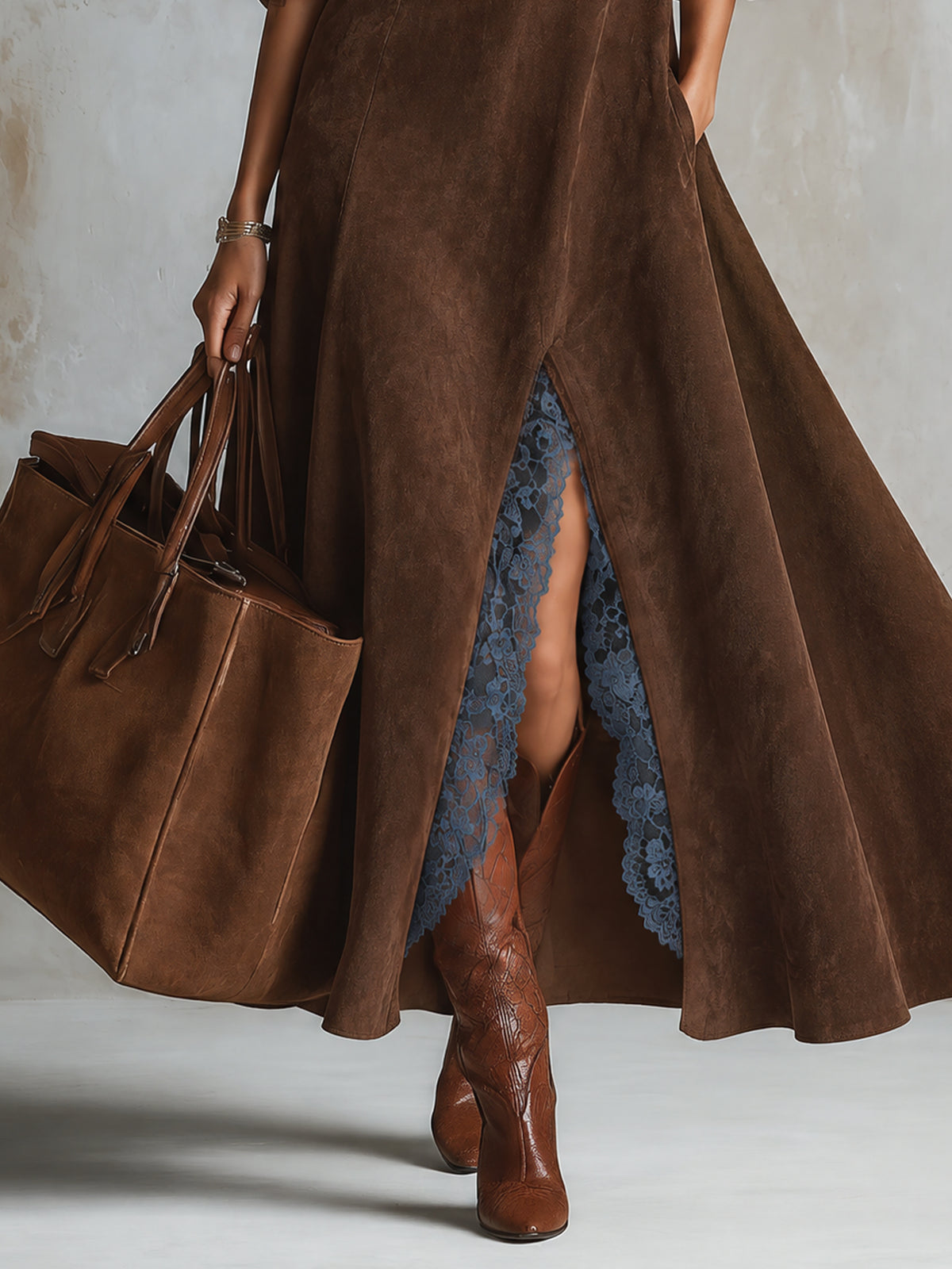 Brown Faux Suede Stand Collar Henley Button Placket Blue Lace Trim Front Slit Long Sleeve Maxi Dress