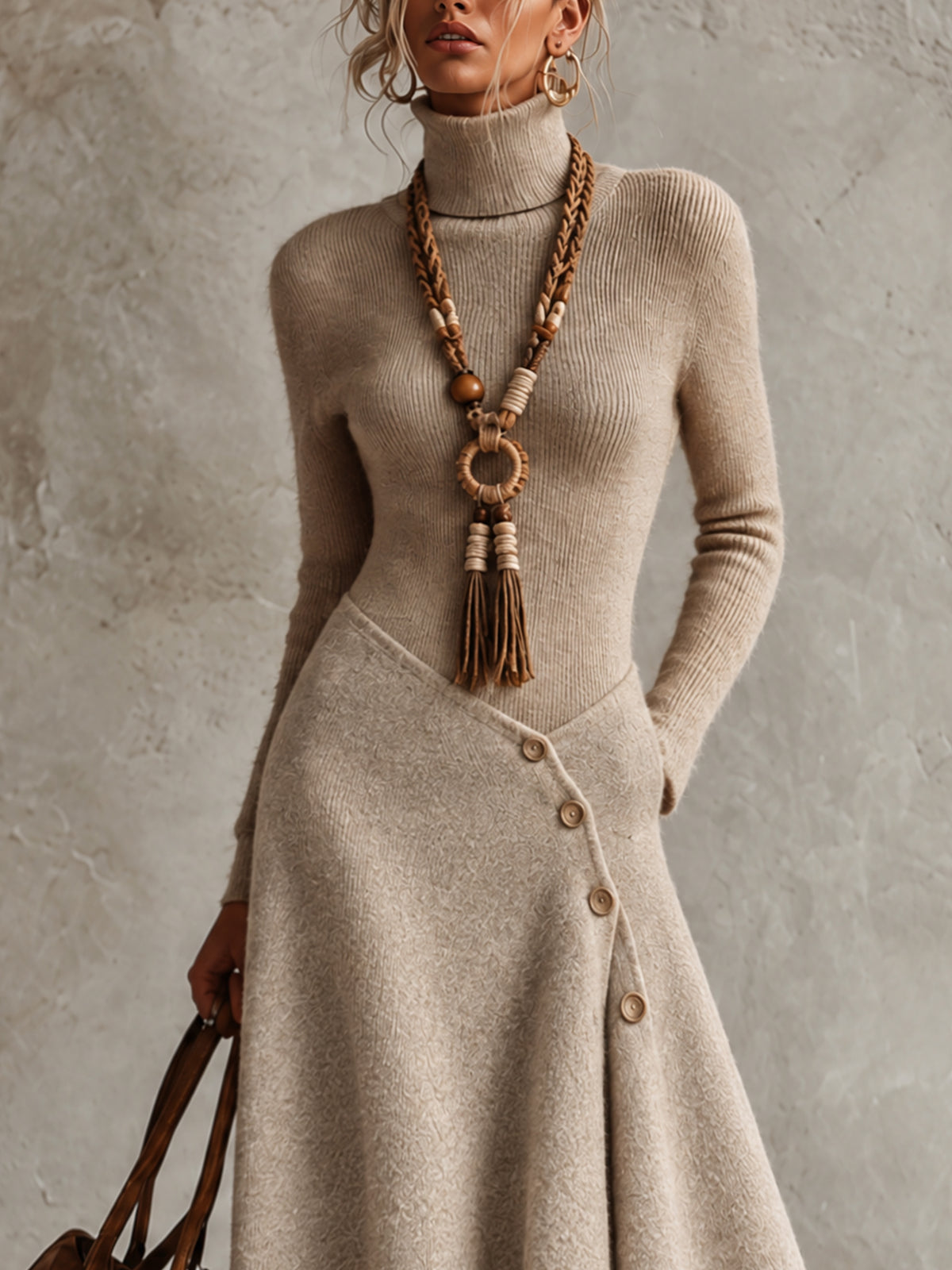 Oatmeal Knit Turtleneck Asymmetric Button Detail Hem Maxi Dress