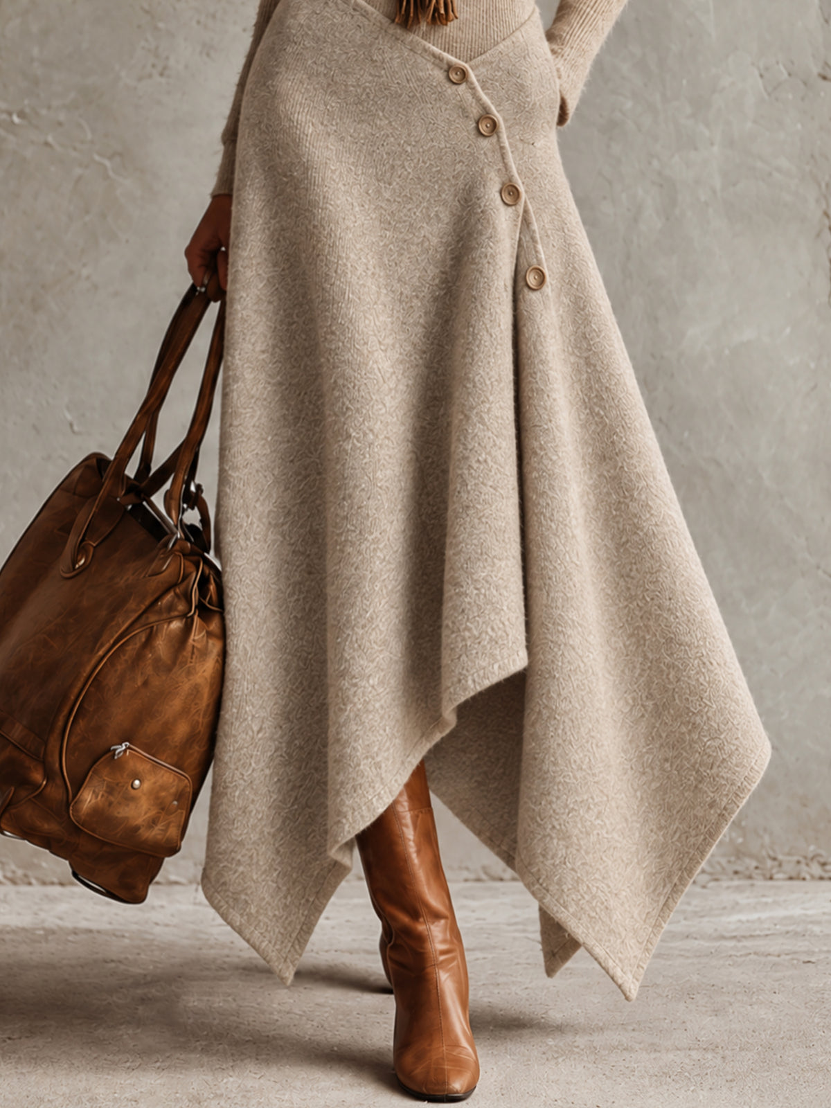 Oatmeal Knit Turtleneck Asymmetric Button Detail Hem Maxi Dress