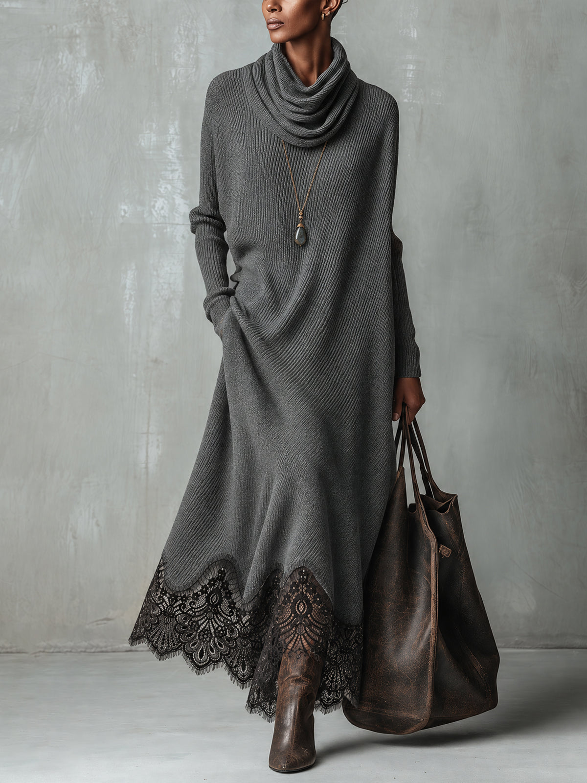 Charcoal Gray Knit Cowl Neck Black Lace Hem Maxi Dress