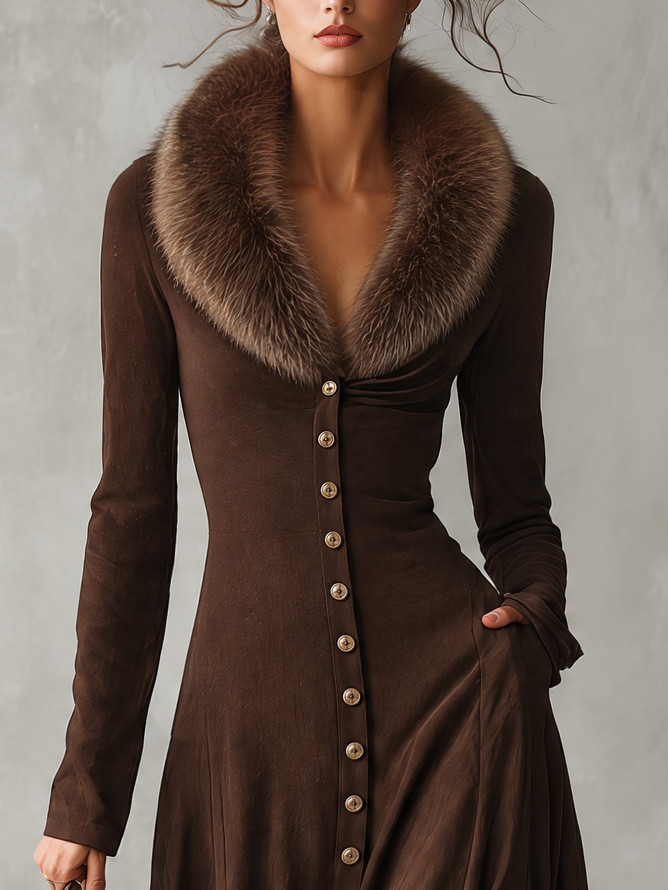 Brown Faux Fur Collar Button Front Long Sleeve Maxi Dress