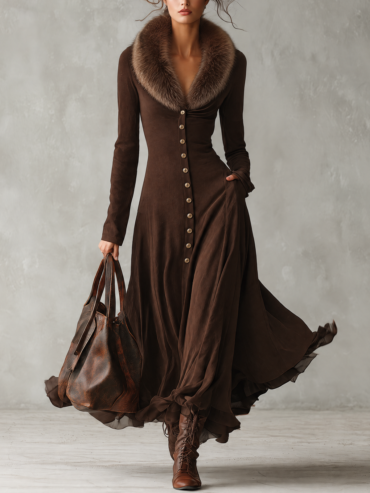 Brown Faux Fur Collar Button Front Long Sleeve Maxi Dress