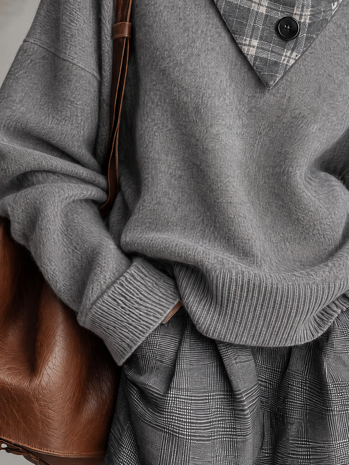 Grey Wool Blend Sweater With Plaid Asymmetric Collar