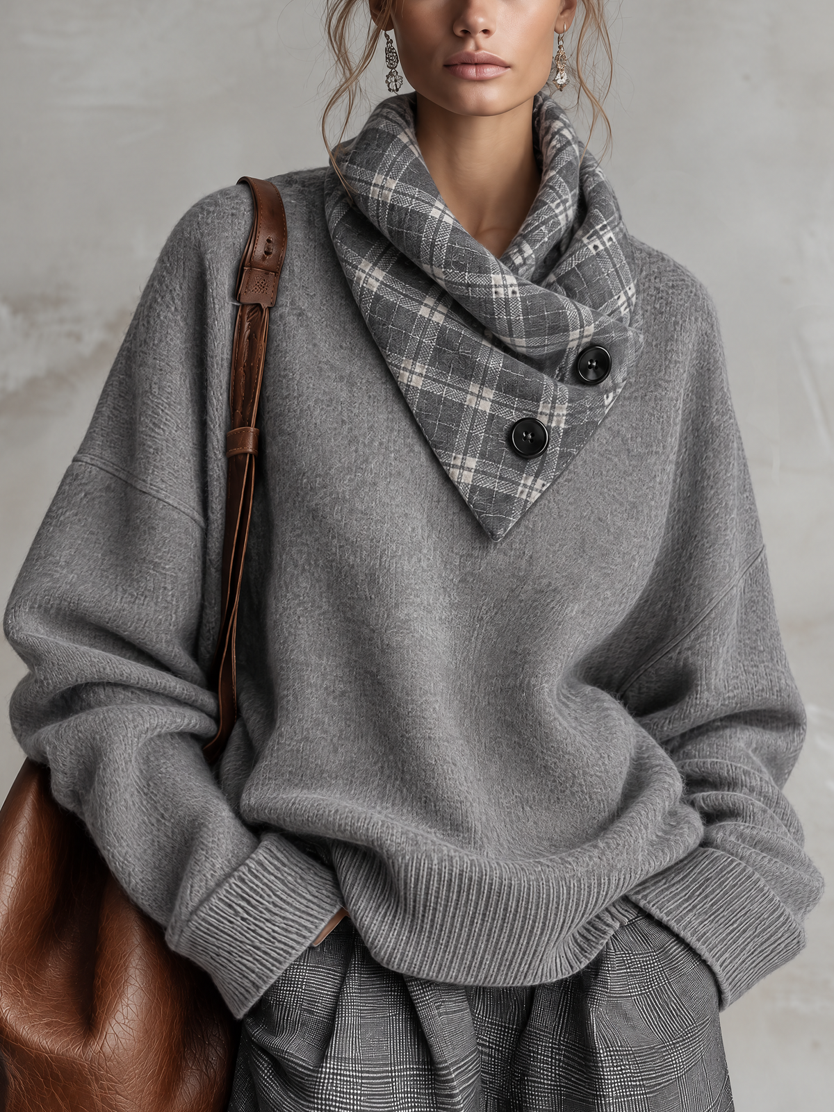 Grey Wool Blend Sweater With Plaid Asymmetric Collar