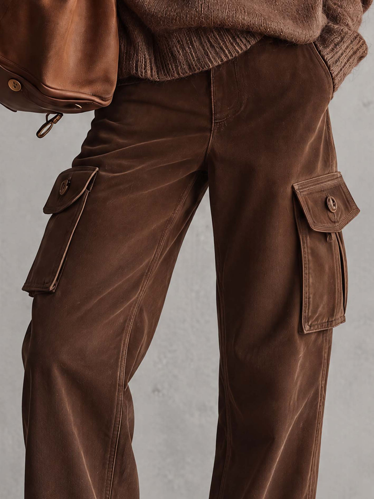 Chocolate Brown Faux Suede Wide-Leg Cargo Pants With Flap Pockets