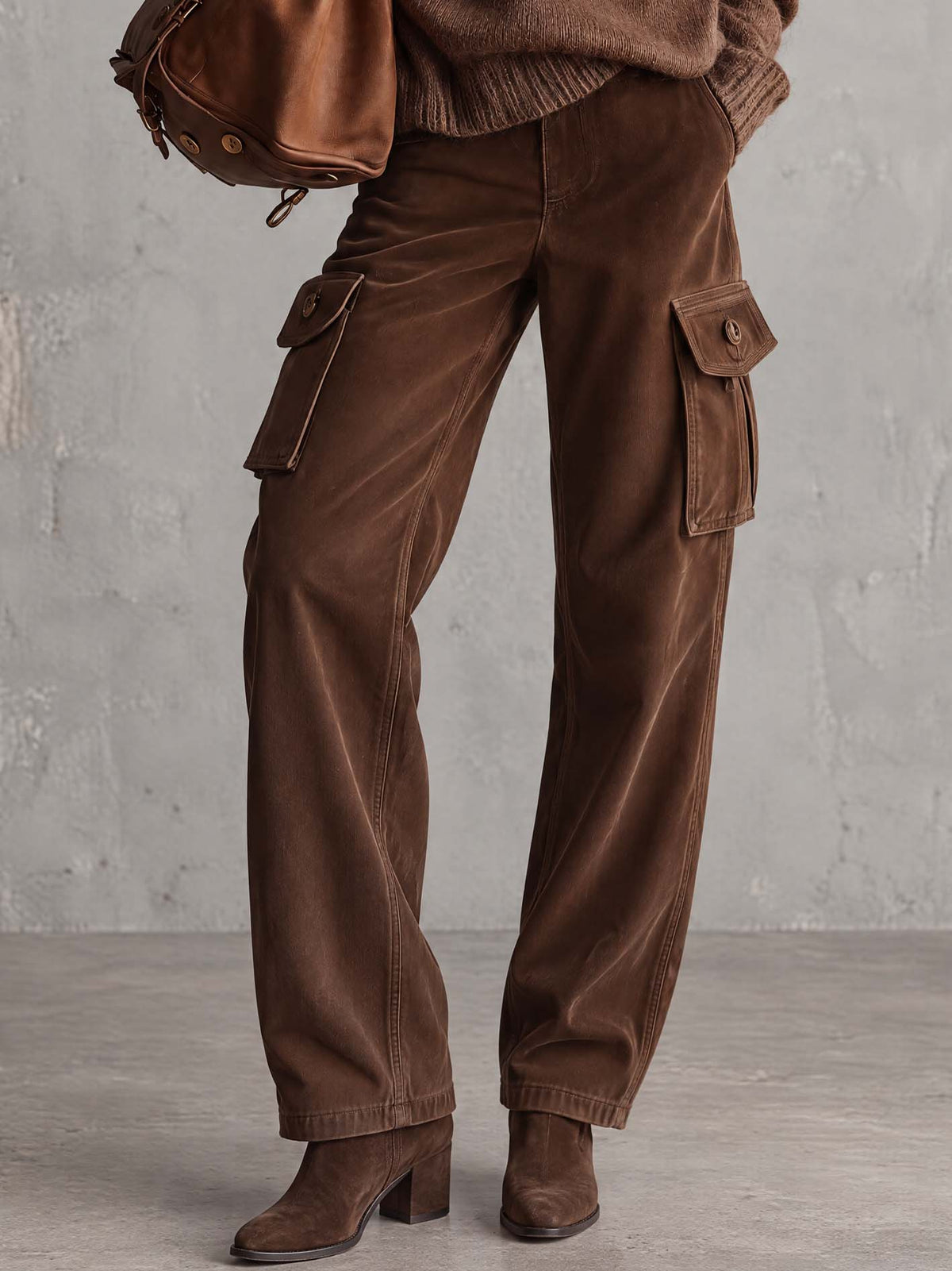 Chocolate Brown Faux Suede Wide-Leg Cargo Pants With Flap Pockets