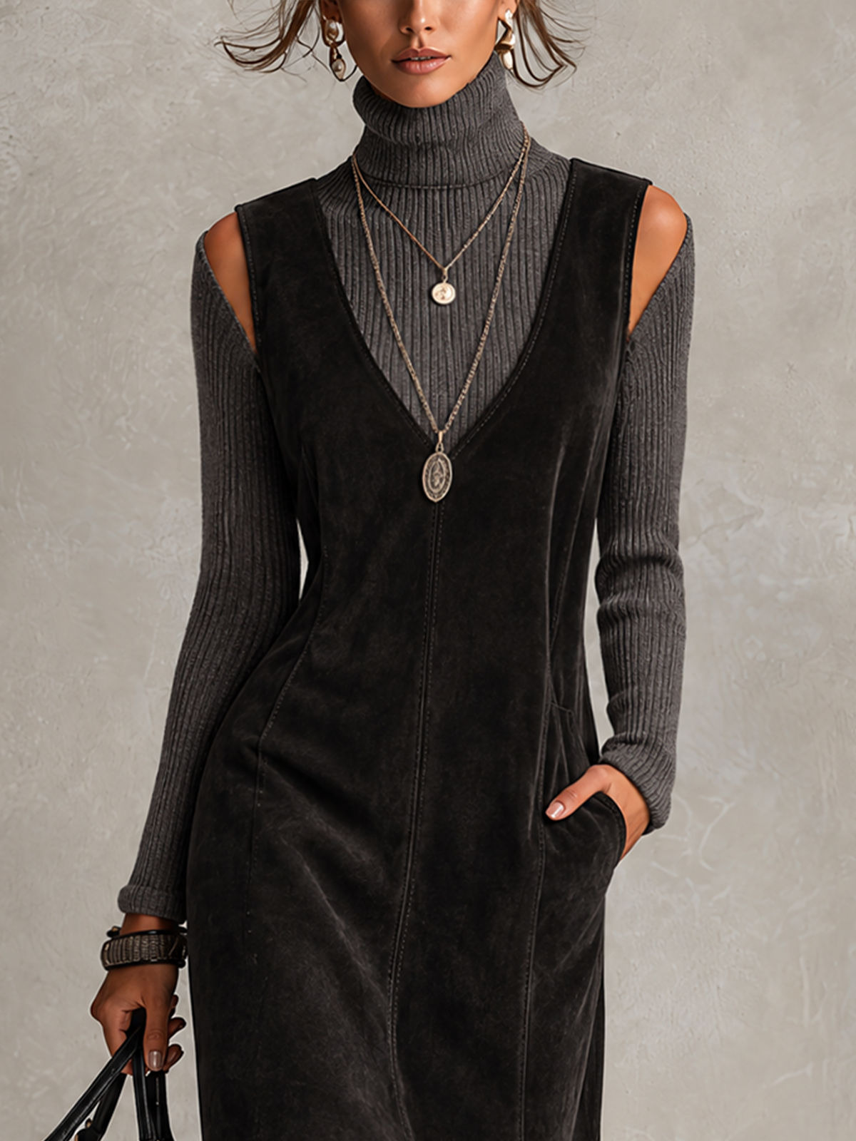 Black Faux Suede Knit Neck And Sleeve Panels Midi Dress