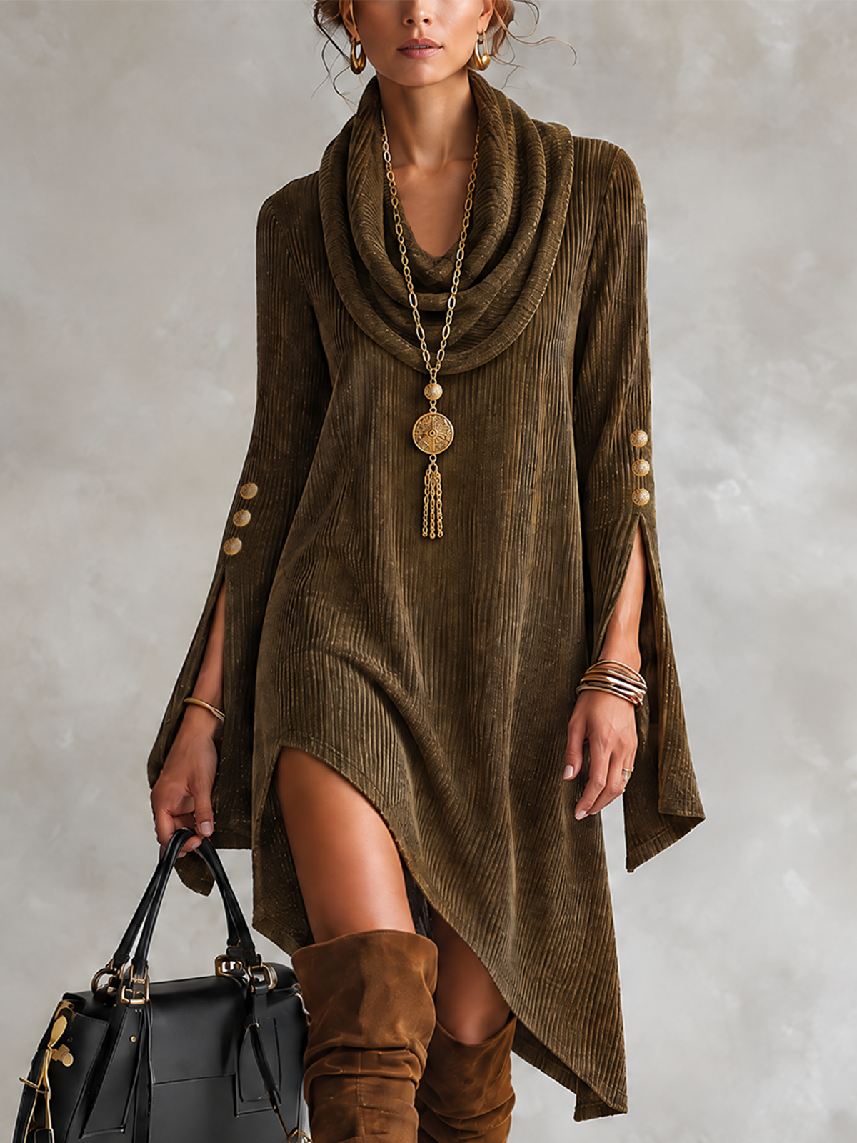 Olive Corduroy Cowl Neck Mini Dress