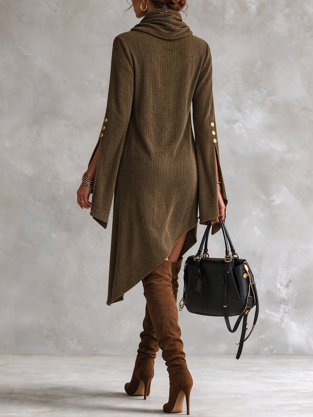 Olive Corduroy Cowl Neck Mini Dress