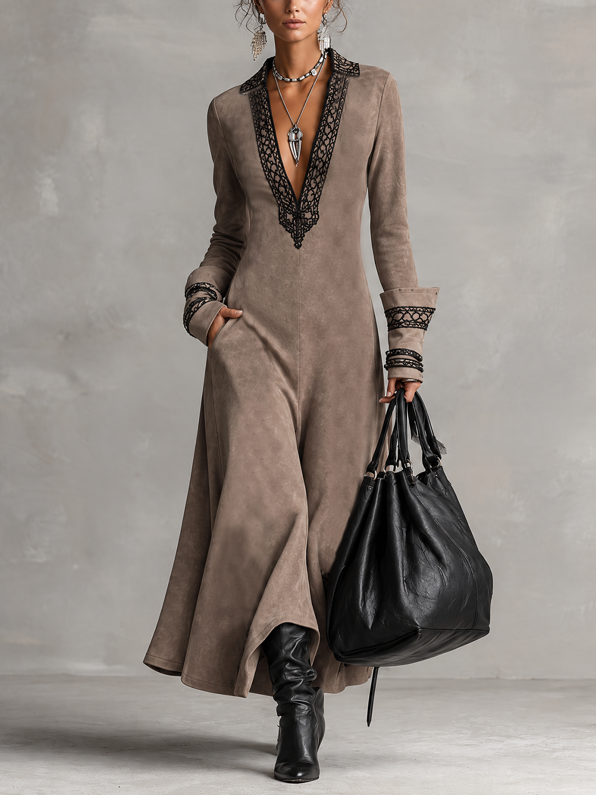 Taupe Faux Suede Lace Trim Deep V Maxi Dress