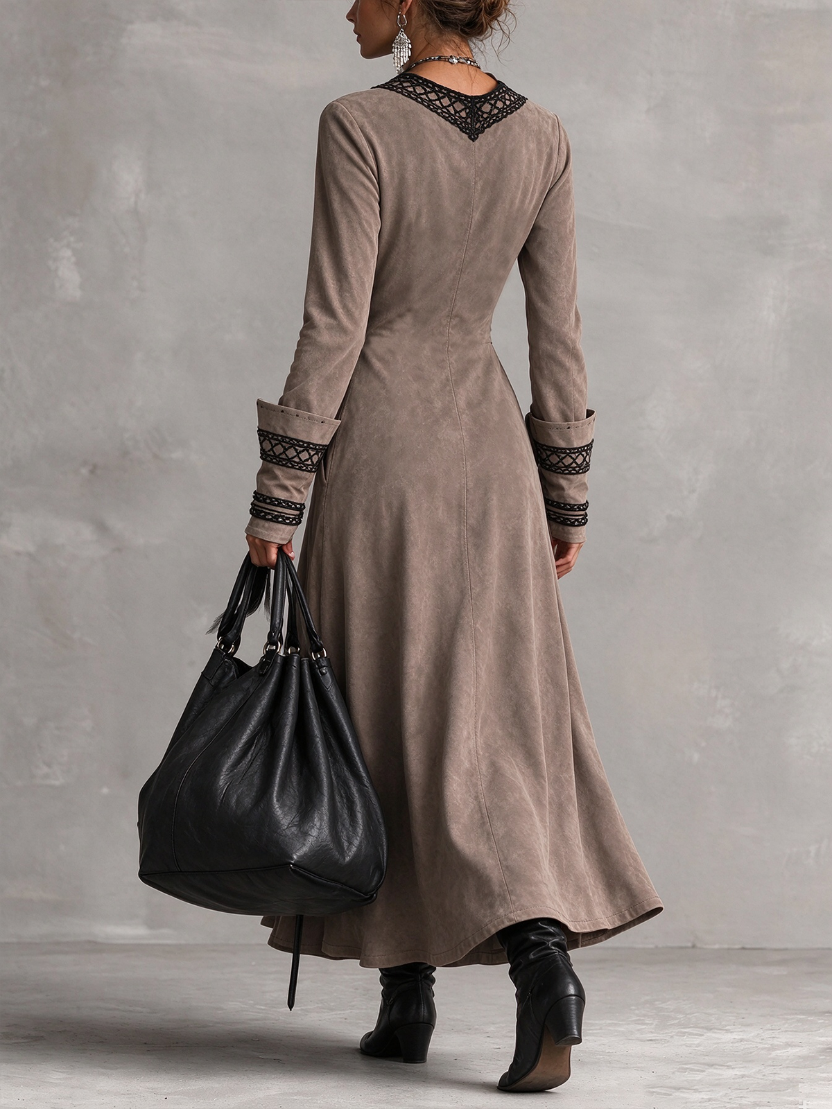Taupe Faux Suede Lace Trim Deep V Maxi Dress