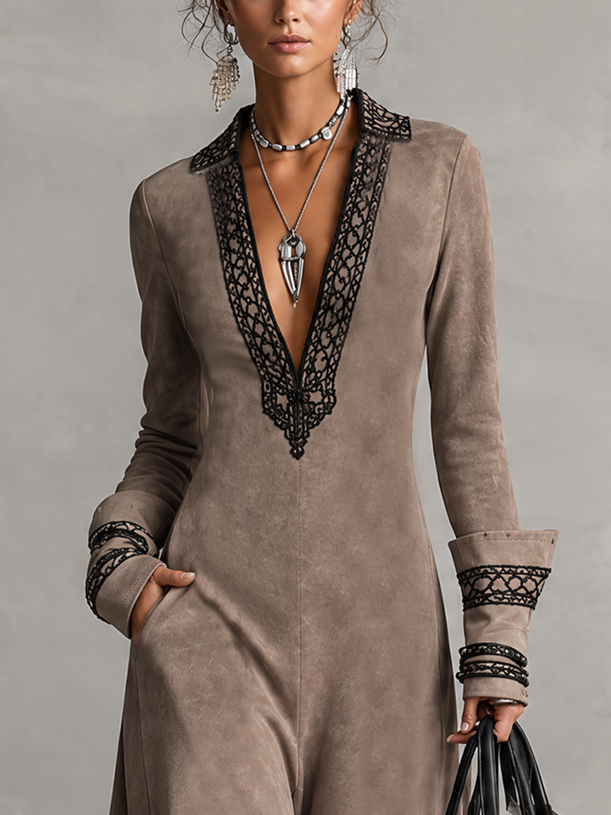 Taupe Faux Suede Lace Trim Deep V Maxi Dress