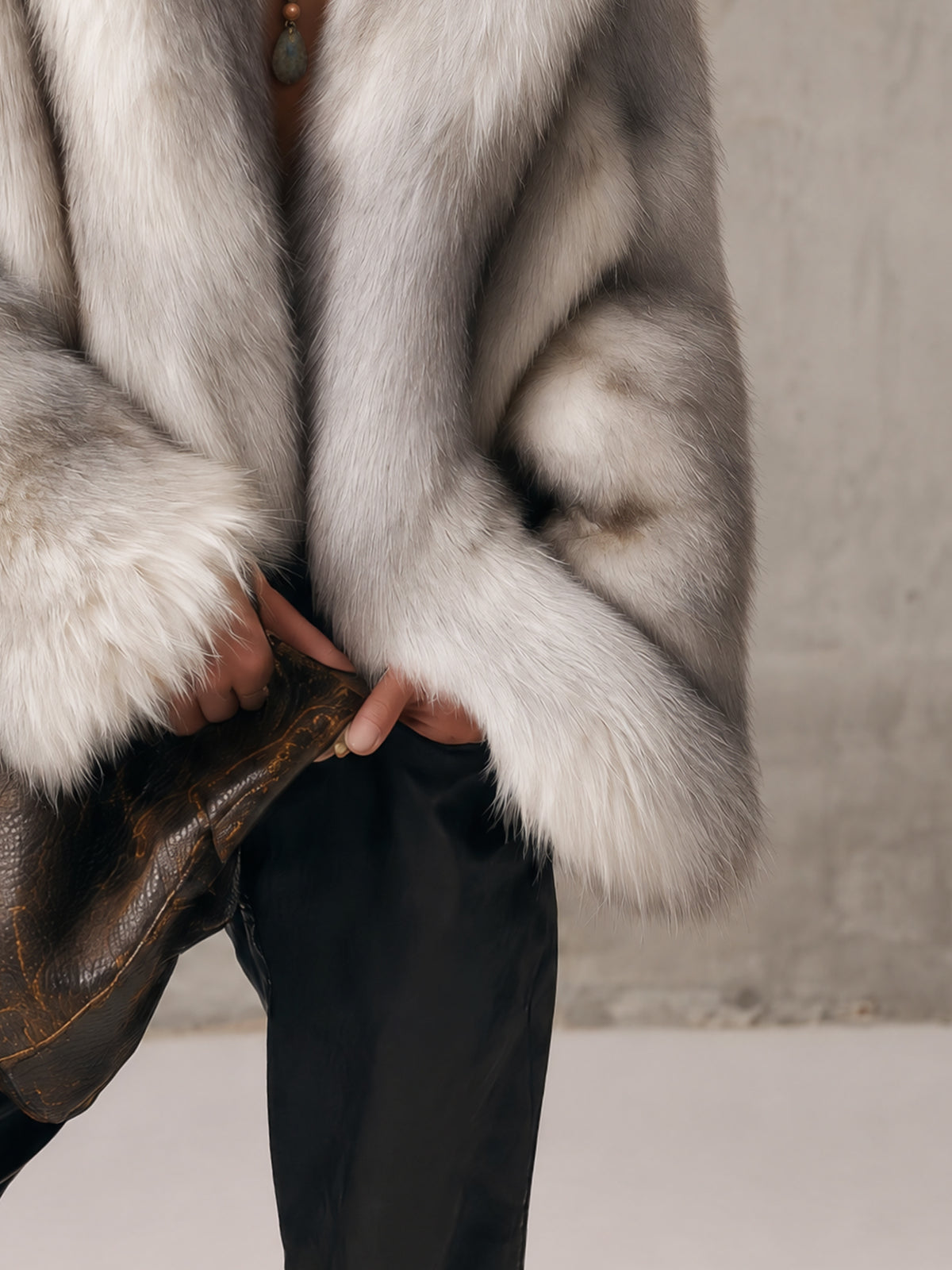 Gray Segment Dyed Faux Fox Fur Wide Lapel Coat
