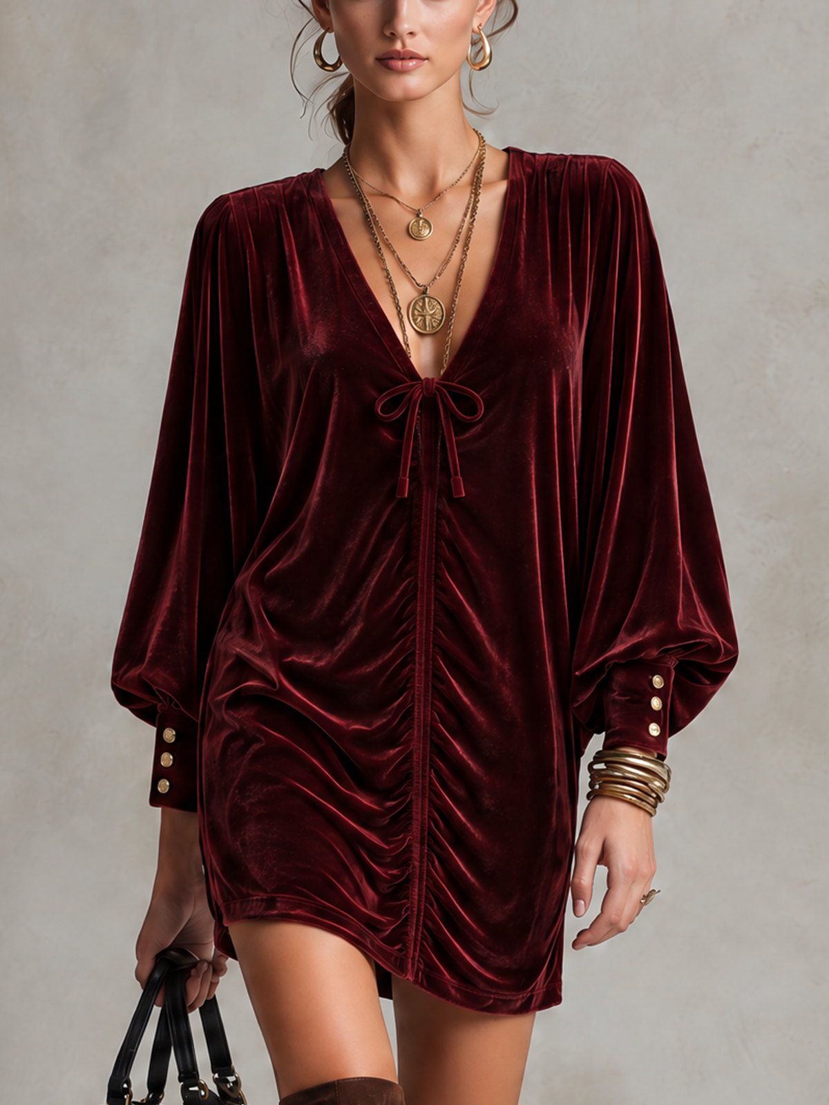Burgundy Velvet Deep V Drawstring Ruched Mini Dress